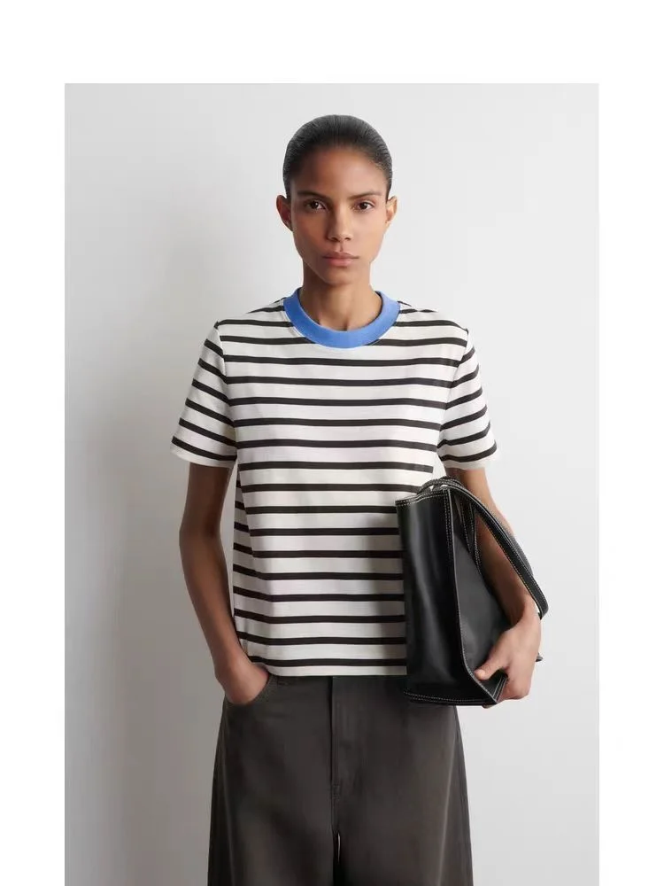 Women's Standard Fit round Neck T-shirt Black White Stripes Casual Style Spring 2026 Cotton Short Sleeve Fashion Ladies