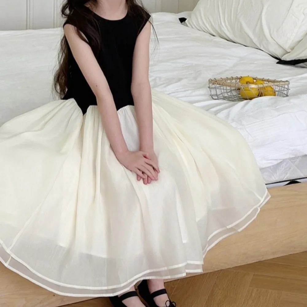 

Round Neck Children Princess Dress Sleeveless Loose Kids Korean Long Dress Suspenders Long Girls Splicing Mesh Skirt