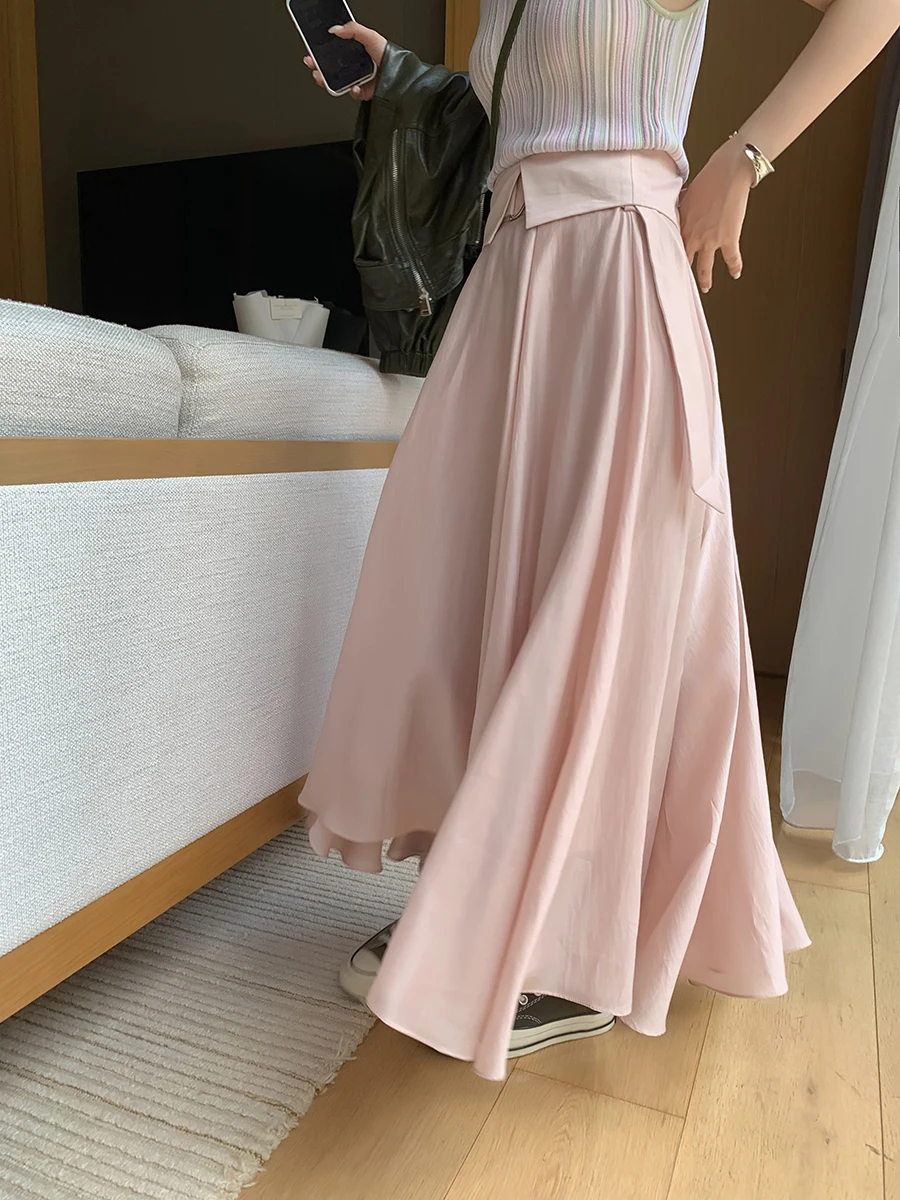 

Yum ternoon Tea Leisure Faion A-Line Midi Skirt Bell Bot Belt Flip Old Money Sle Long Skirt Rigid Fiber Blend