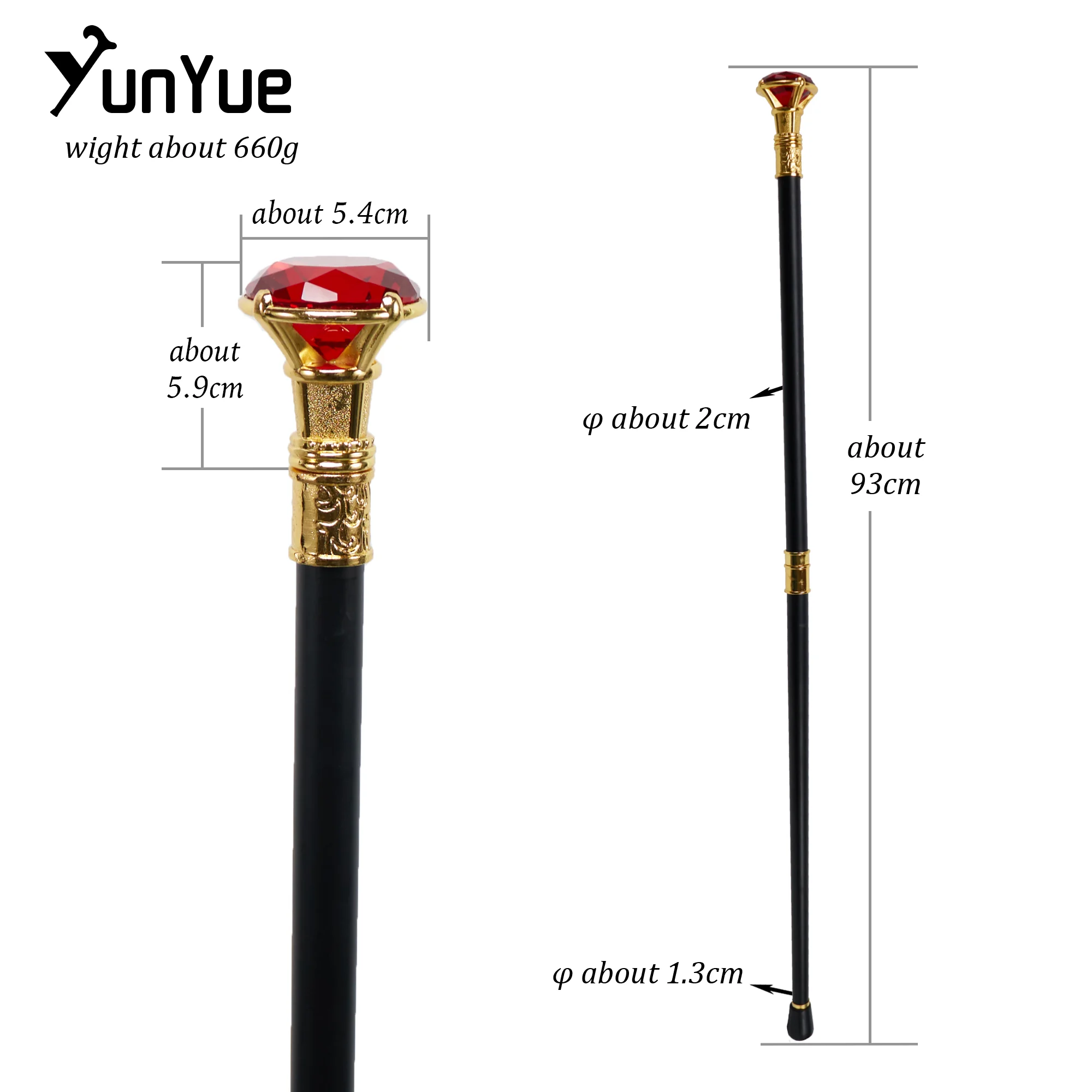 Gold Red Diamond Type Walking Cane Gentleman Elegant Fashion Art Decorative Walking Stick Lady Vintage Party Cosplay Sceptre