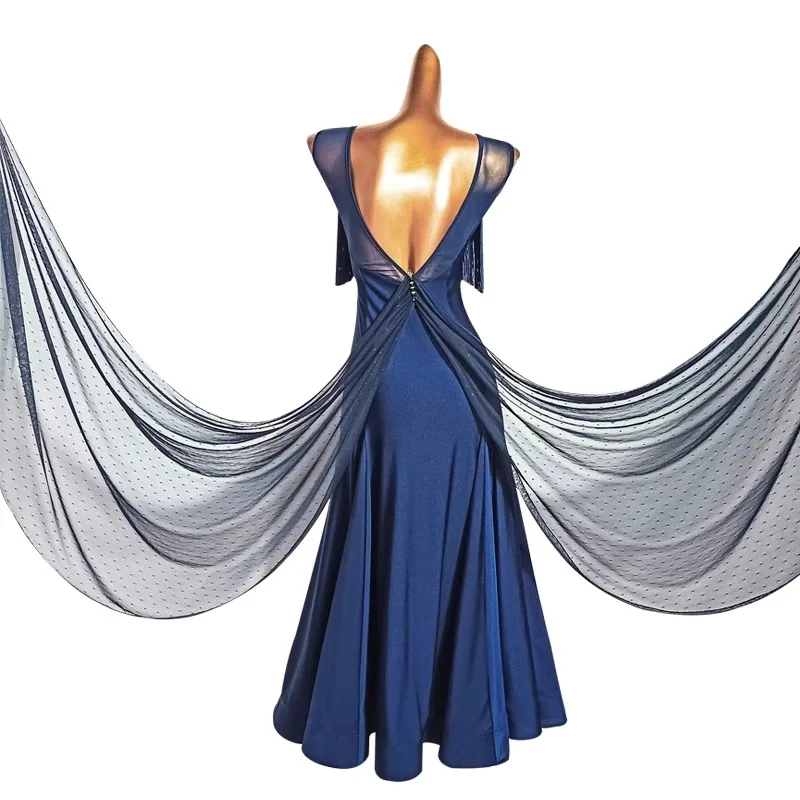 National Standard Dance Long Skirt Sleeveless Blue Large Hem Dress With Leaky Back Modern Fishbone Skirt TL863