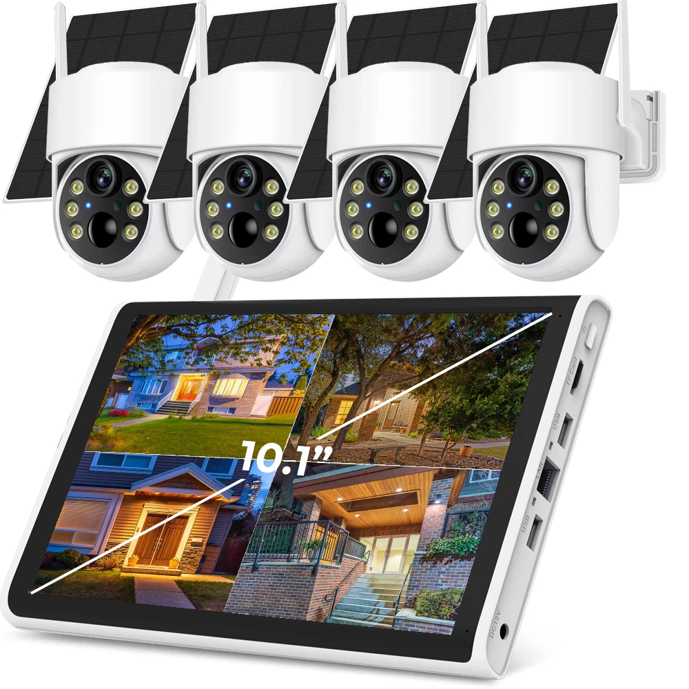 

2K 4MP Solar Security Camera System Outdoor with 10.1" LCD Monitor Wireless 4 Cameras Set NVR Kit 8CH Battery IP PTZ Cameras