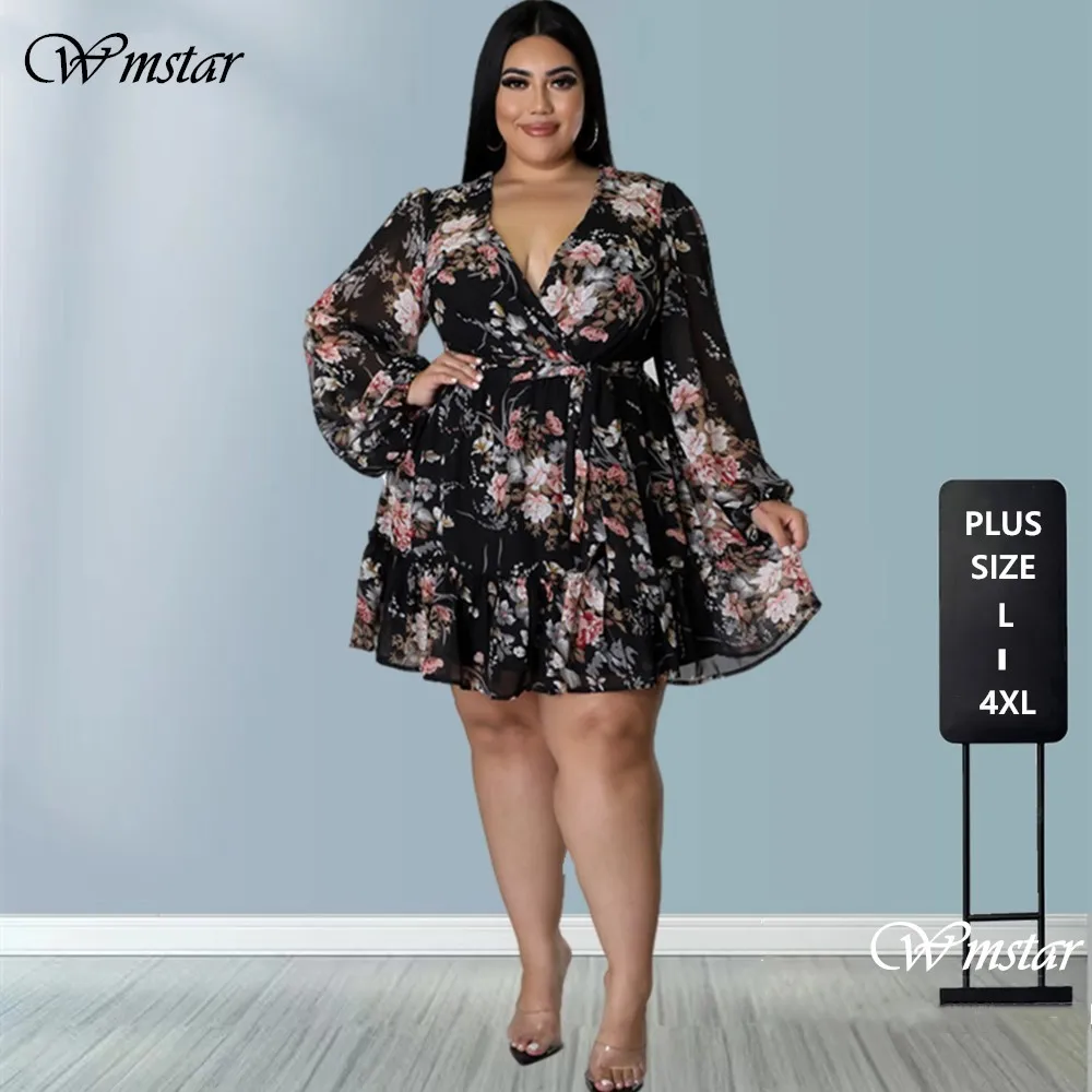 Wmstar Dresses Women Plus Size 5xl Sexy Party Flower Print Mini Dress Loose Elegant Casual Outfits 2022 Wholesale Dropshipping