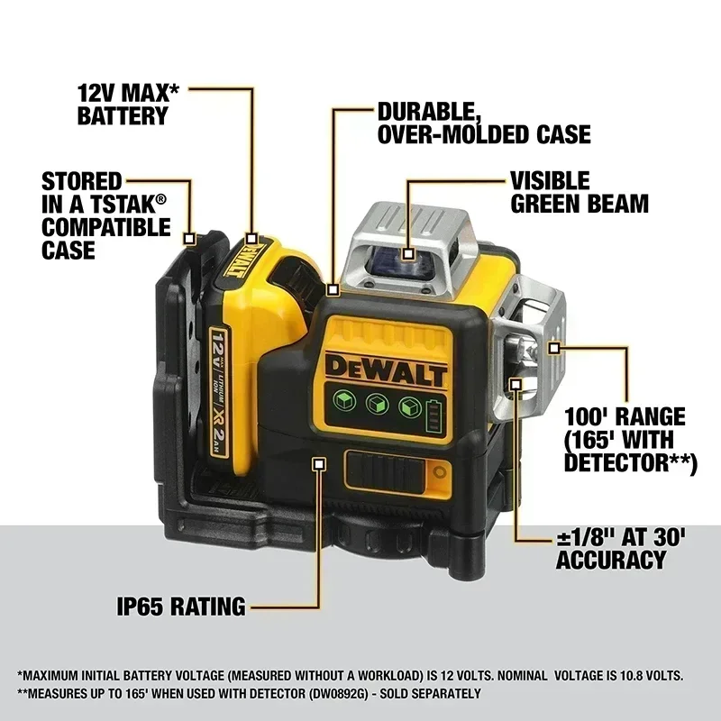 DEWALT Лазерный уровень DW089LG Самовыравнивающийся 12-линейный лазер 3 x 360 градусов с зеленым лучом Лазеры с литий-ионным аккумулятором 12 В MAX
