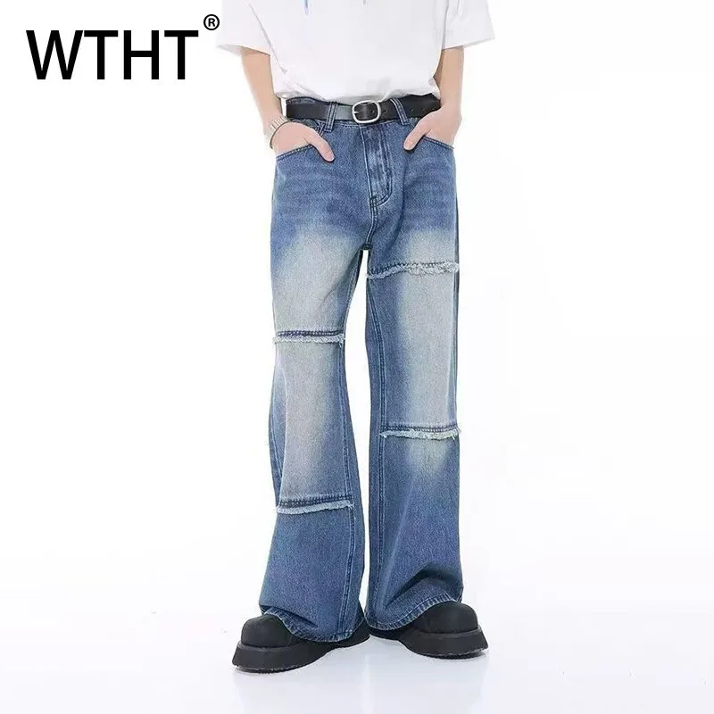 WTHT 패션 남성 그라데이션 버 엣지 빈티지 데님 팬츠 하이 스트리트 스트레이트 와이드 레그 진 남성용 2025 가을 2A2038
