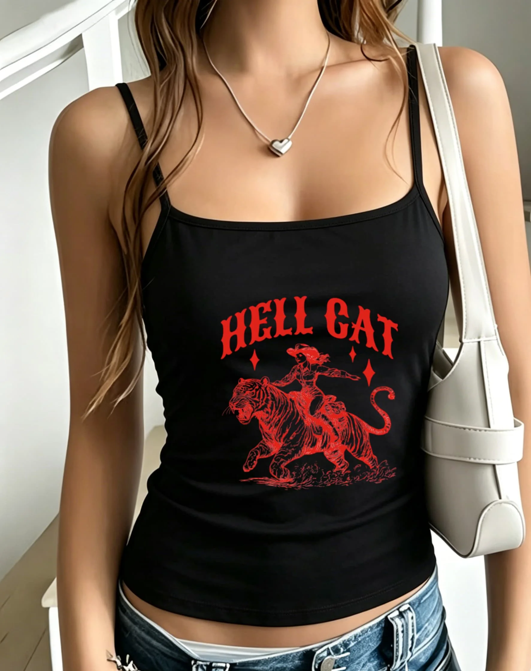 Elastic Smooth Tiger Camisole Women Hell Cat Gothic Lettering Tank Tops Bikers Baddie Egirl Breathable Streetwear Daily Wear
