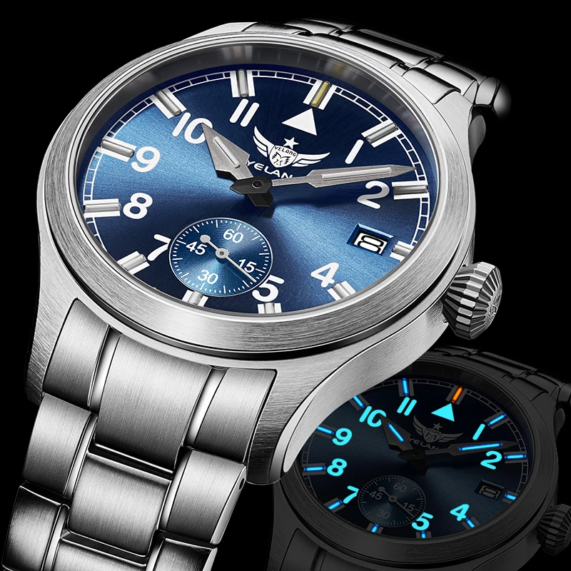 Reloj piloto YELANG para hombre, reloj de pulsera deportivo militar de cuarzo de 42MM, tubos luminosos, resistente al agua hasta 10ATM, segunda esfera de zafiro