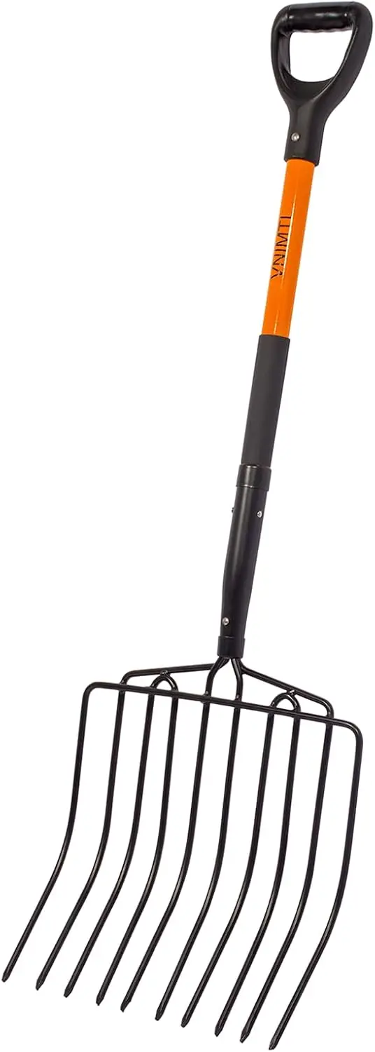 10-Tine Wide Pitch Fork, Fiberglass Handle, Heavy Duty for Gardening & Bedding, 45