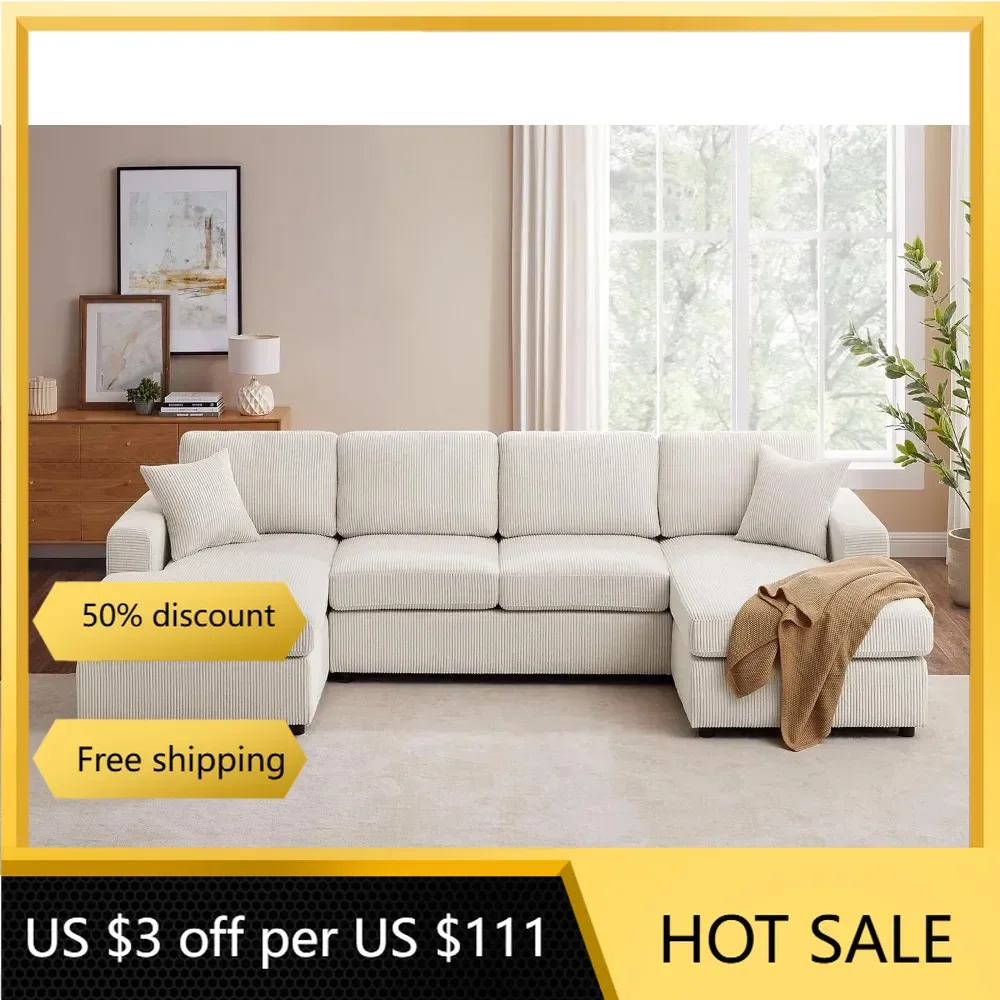 118'' U Shaped Sectional Sofa Couch, Corduroy Fabric Modern Cozy Jumbo Size 6-Seater Sofa, Double Chaise Longue, Beige