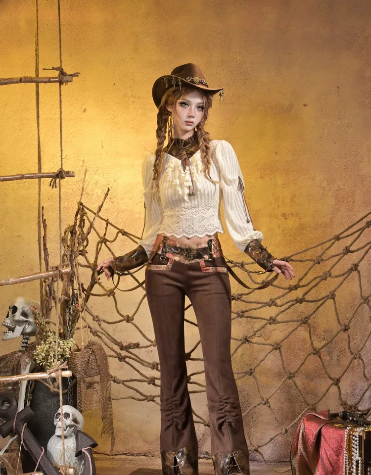 Virtual Orbit Steampunk Girls Lace Vintage Long Flare Pants Original Designer Low Waist Patchwork Retro Overalls Trousers