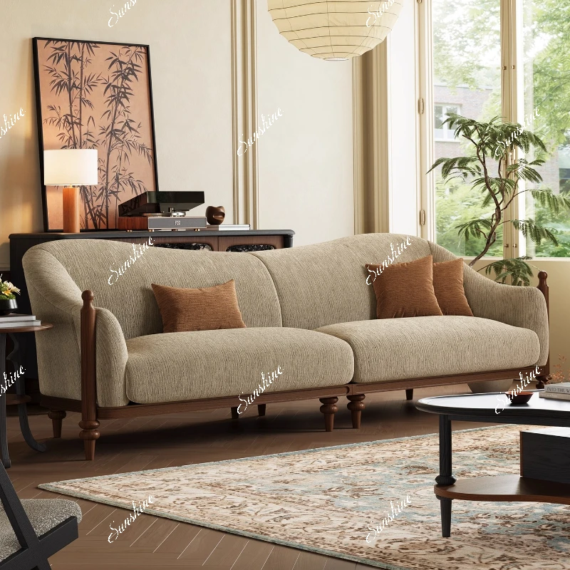 

French retro style solid wood sofa small apartment living room straight row three people