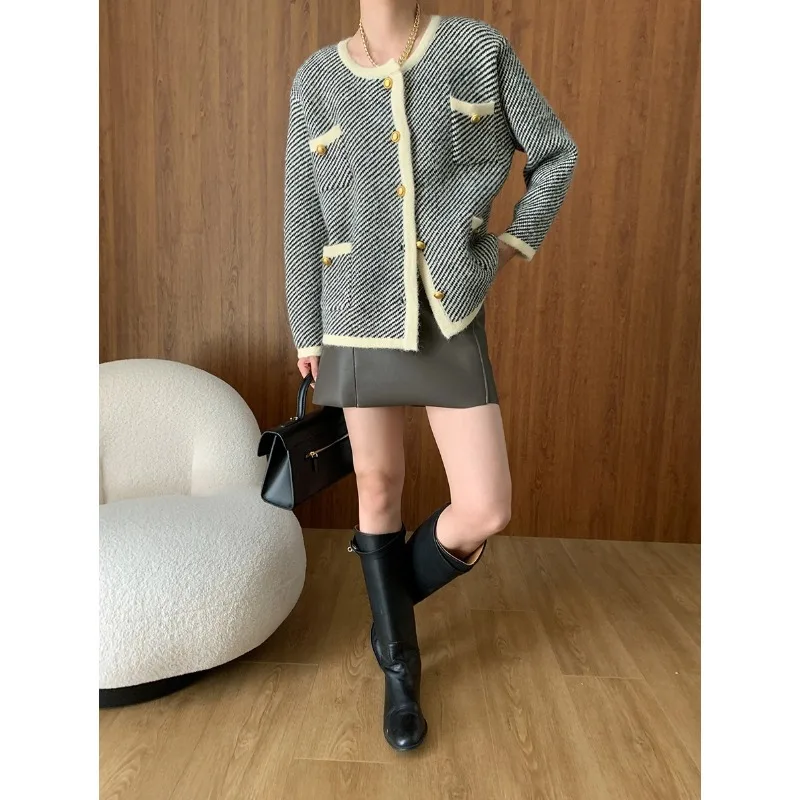 Urban accent twill contrasting color knitted cardigan small fragrant style jacket 2024 early autumn new style