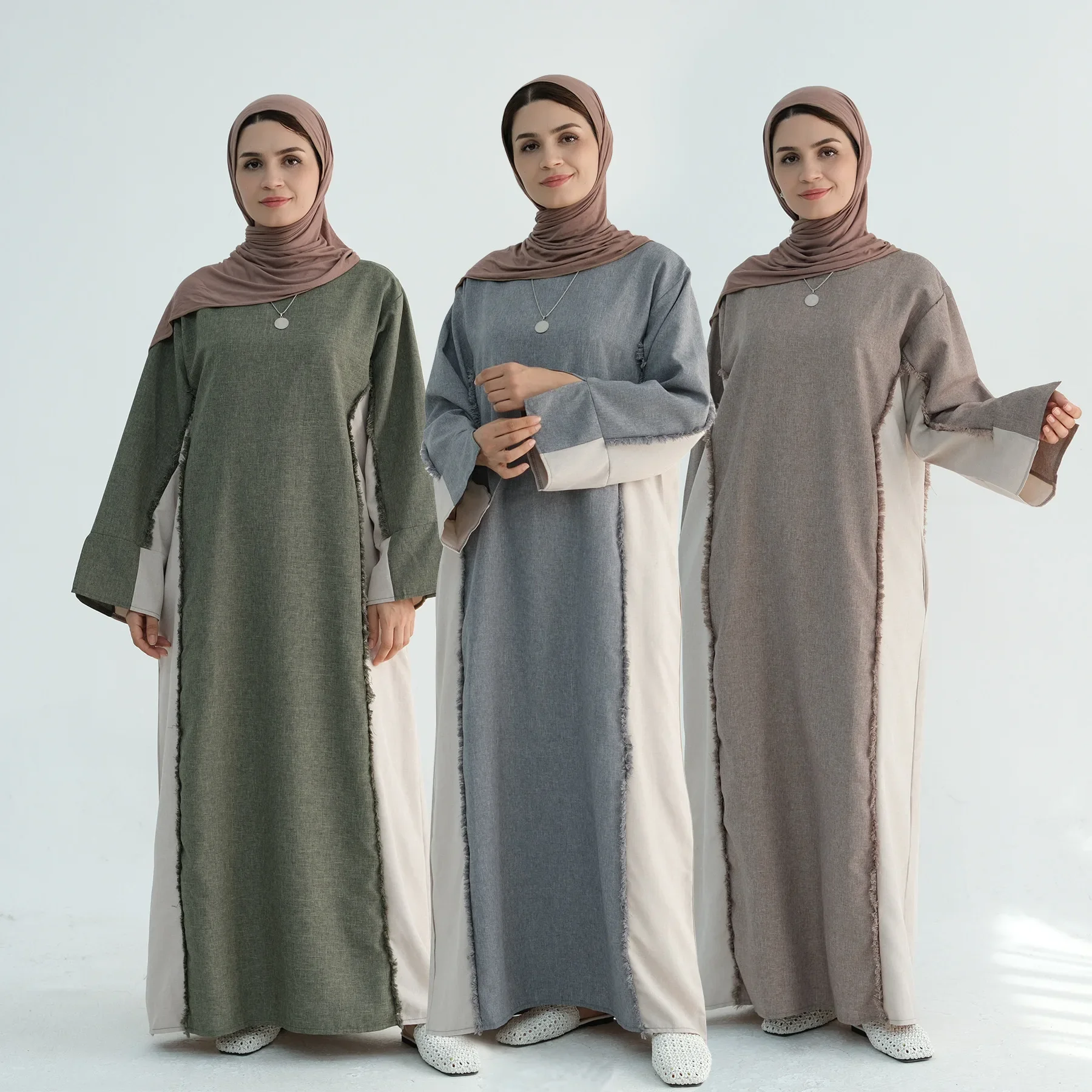 

Two Tone Frayed Closed Abaya Muslim Hijab Dress Patchwork Pocket Abayas for Women Dubai Luxury Turkey Islam Clothing Kaftan Robe