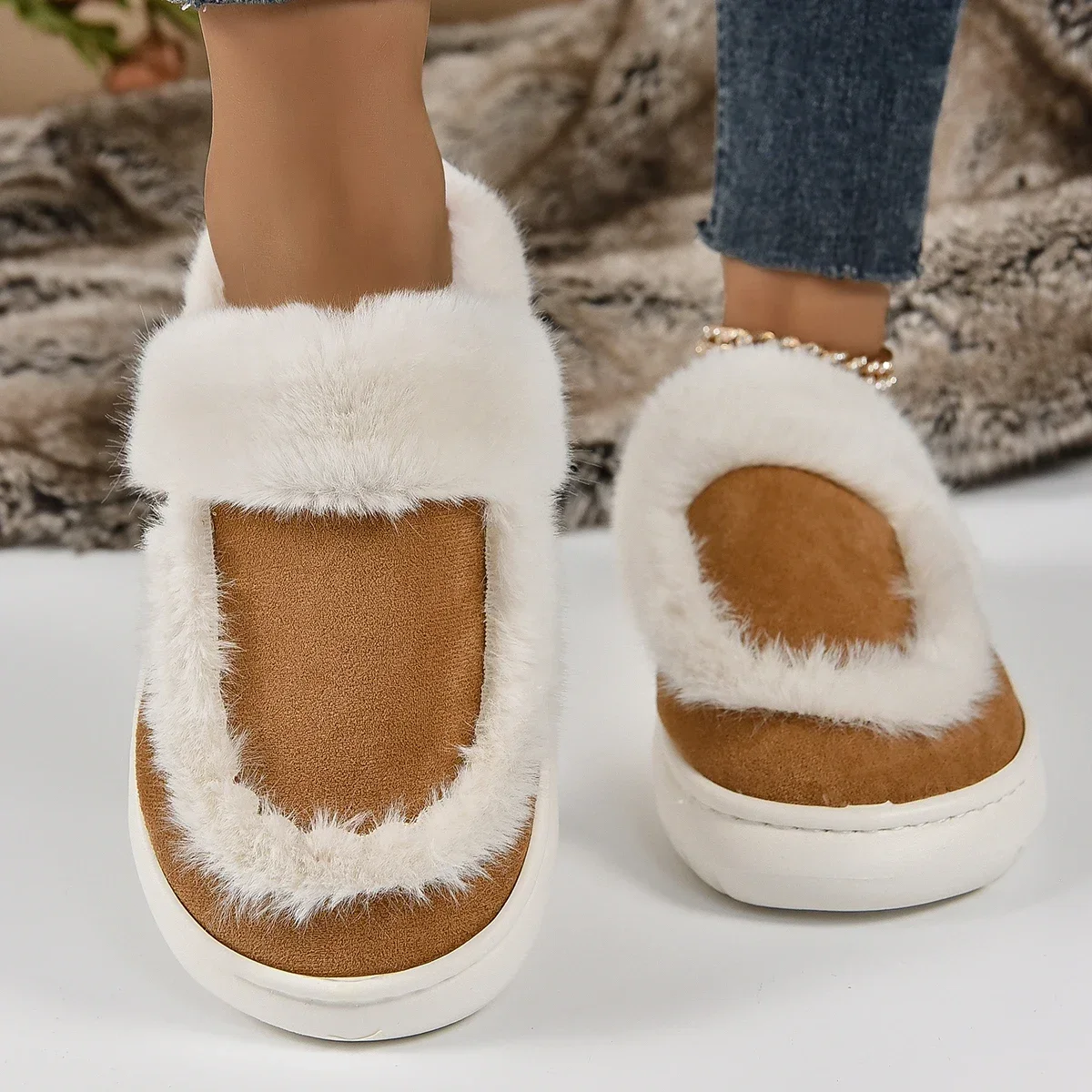 Winter Women Platform Fur Slippers Warm New Short Plush Flats Home Cotton Shoes Suede Slippers Slides Women Claquette Femme