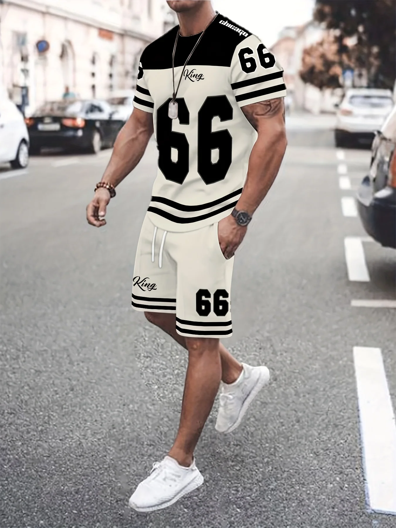 

2025 summer new men's set No. 66 letter print T-shirt Men's short sleeve sportswear Football T-shirt Vintage striped T-shirt men