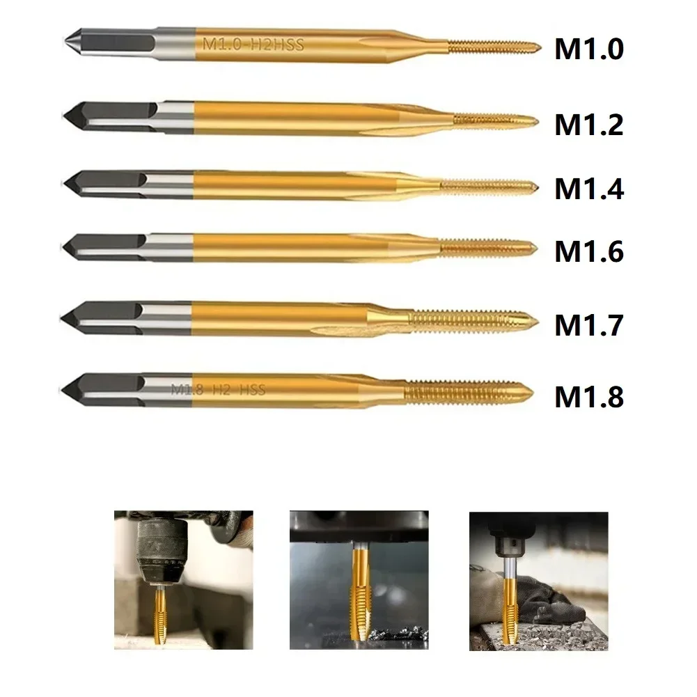 Mini Machine Tap HSS Straight Thread Tap Titanium Coated Screw Tap Drill Bit Metric Flute Thread Tap Hand Tools M1 M1.2 M1.4