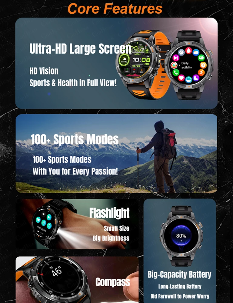 المدمج في نظام تحديد المواقع العسكرية في الهواء الطلق ساعة ذكية الرجال 580mAh بطارية البوصلة BT دعوة مصباح ليد جيب معدل ضربات القلب مقاوم للماء Smartwatch رجل