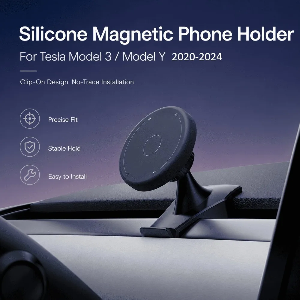 Silicone Magnetic Phone Holder For Tesla Model 3 Model Y 2020-2024 Clip On Car Mount Stand Dash Bracket Interior Accessories Set