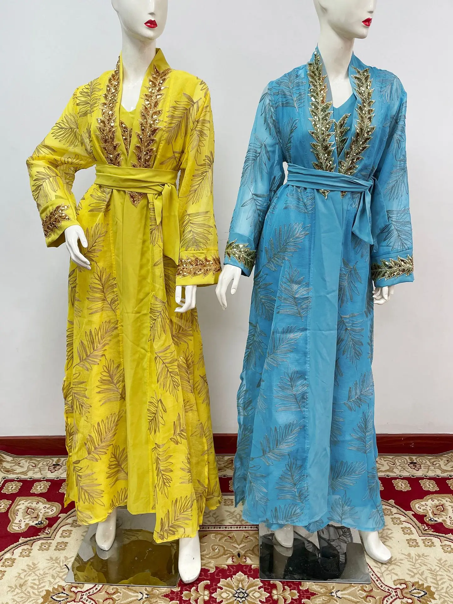 Moslim Jurk Vrouwen Party Abaya 2-delige Set Vest Jurken Borduren Arabische Lange Gewaad Marokko Dubai Kaftan Vestidos Jalabiya
