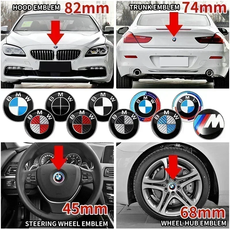 

7 шт. 45 мм 68 мм 74 мм 82 мм Эмблемы для автомобиля: передний значок на капот, задний значок на багажник для BMW E32 E43 E52 E53 E63 E64 E93 E94 E87 F10 F20 F30