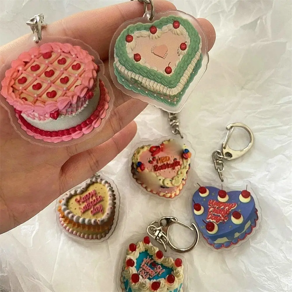 Y2K Fashion Acrylic Material Birthday Cake Keychain Semi Transparent with Buckle Key Lanyard Key Ring Women Men