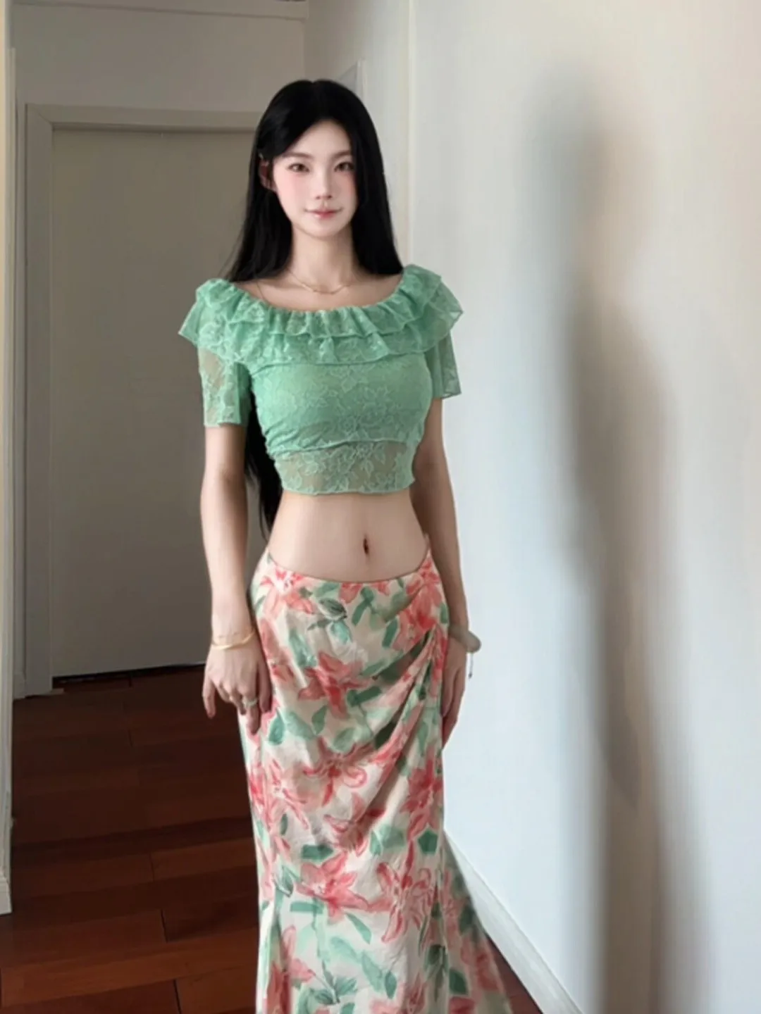 

Summer Floral Print Gentle Style Two-Piece Set Long Skirt Comfortable Casual Fashion Women's Clothing Short Sleeve T-Shirt