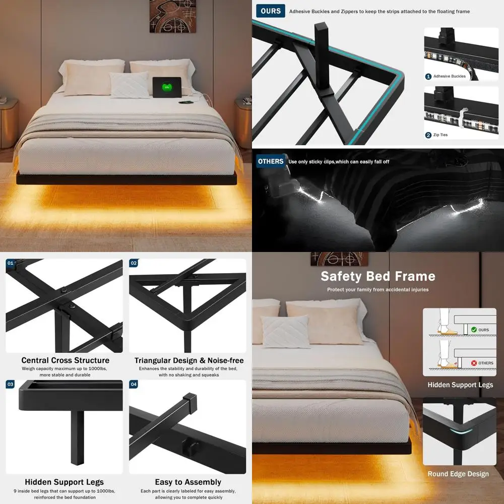 LED-lit Metal Platform Bed with Charging Station, Heavy Duty Steel Slats, No Box Spring Needed, Easy Assembly, Noise-Free