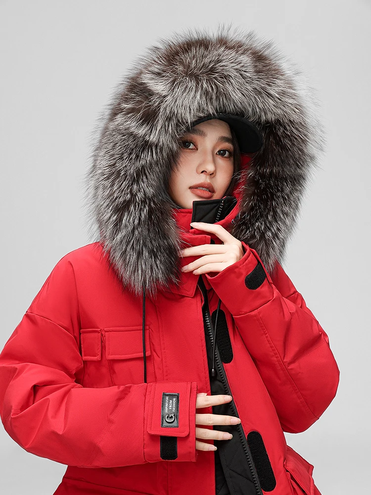 Chaqueta de plumón roja para mujer invierno 2024 chaqueta acolchada cálida y moderna con cuello de piel de zorro con capucha de longitud media a larga