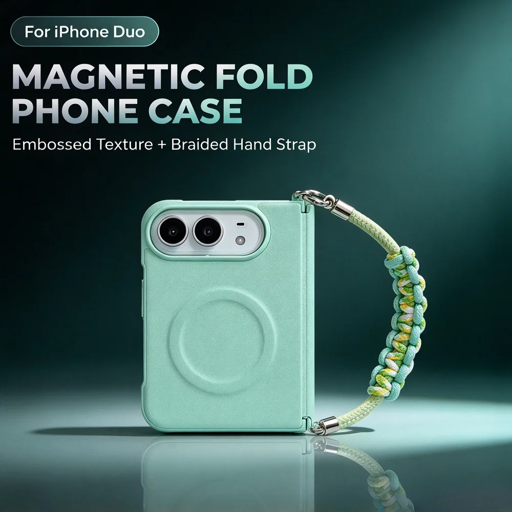 Fashion Macaron Candy Color Lychee Leather Texture Case for iPhone Duo 18 Fold for Magsafe Hand Braided Wriststrap Protect Cover