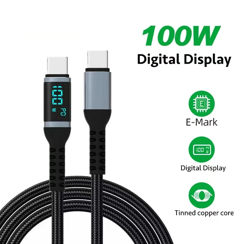 Pd Fast Charging 1.2m Usb C To Type-C 60w/100w Braided Cable Digital Display Phone Fast Charging Data Cable Laptop Charging