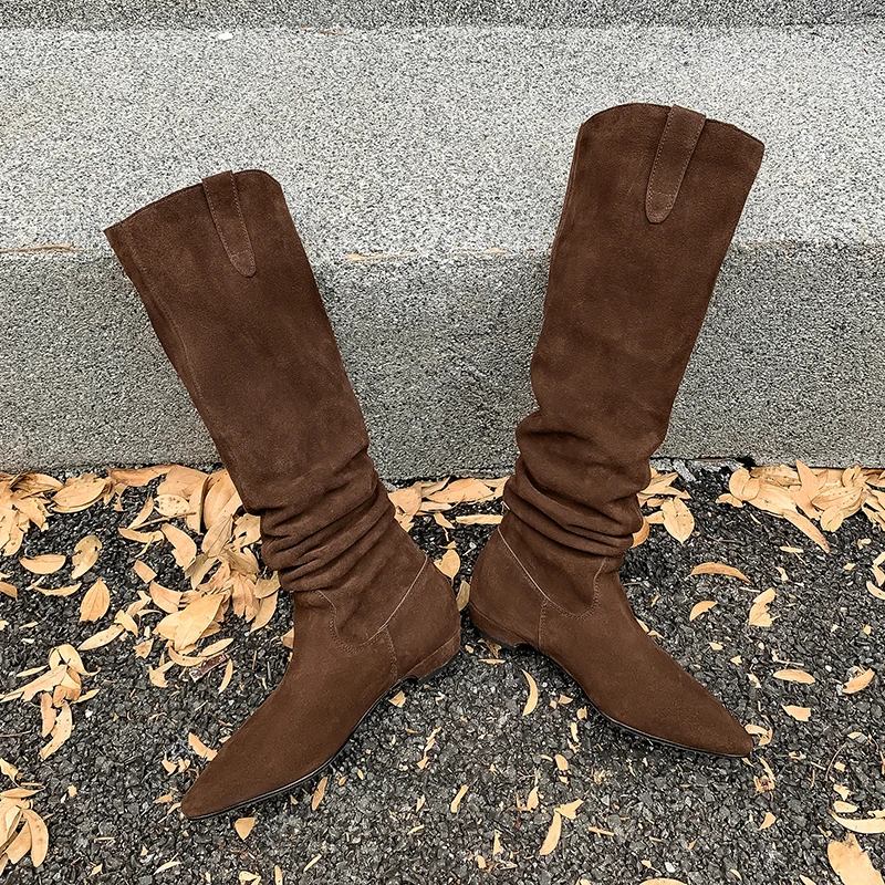 QUTAA 2026 موضة البقرة المدبوغ أخبار النساء حذاء برقبة للركبة الخريف النعال الكعوب أشار تو أحذية طويلة الشتاء أحذية امرأة 34-40 #2