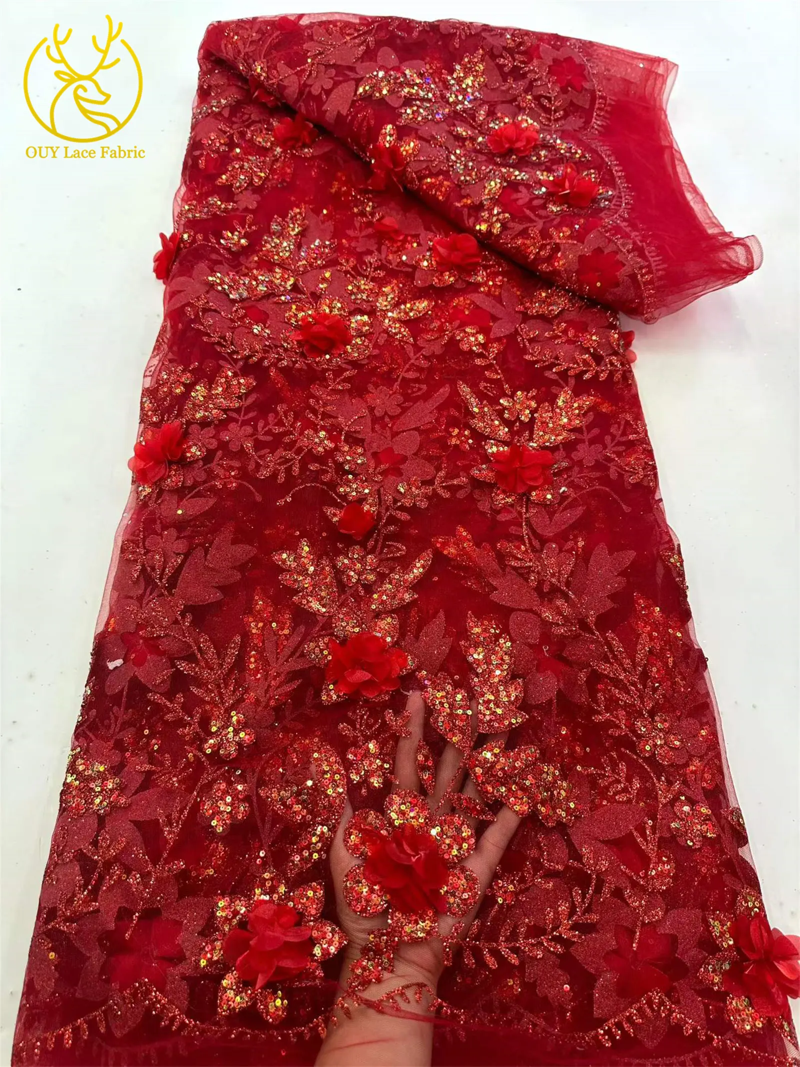 3D-Blumen Afrikanischer Spitzenstoff Roter Nigerianischer Pailletten-Spitzenstoff 2026 Hochwertiger Französischer Tüll-Spitzenstoff für Hochzeitskleider – Detail 13