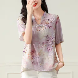 Summer Plant&Flowers Chiffon V-Neck Pullover Bow Short Sleeve Printing T-shirt Casual Women's Clothing Korean Fashion Tops