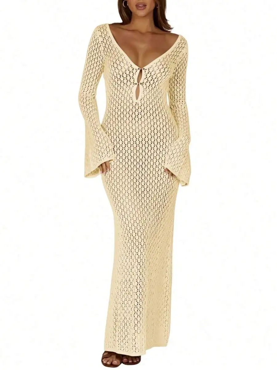 

Women V Neck Crochet Maxi Cover Up Dress Long Sleeve Beach Swim Vacation Knit Dress