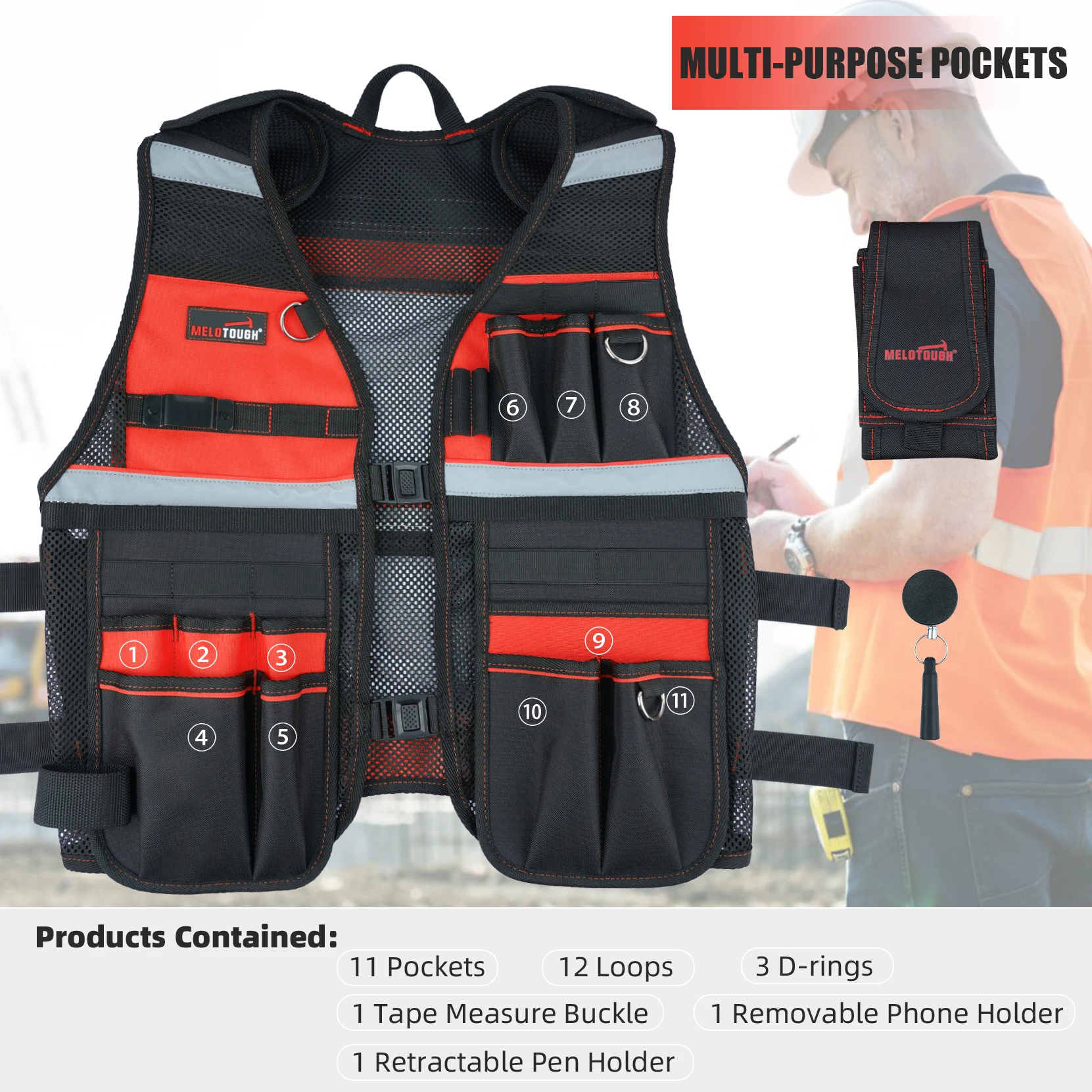 MELOTOUGH Tool Vest Reflective Safety Tool Vest with Removable Phone Holder for Electrician,Carpenter,Construction