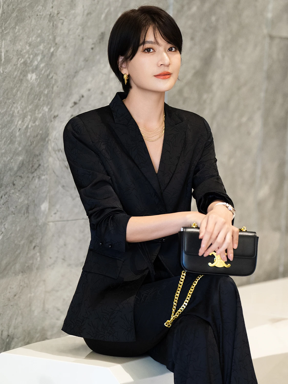

Jiang Feifei Bla V-Ne Busin Suit Set Simple Commute to Work Career Two-Piece Set Long Sve Polyester Fiber
