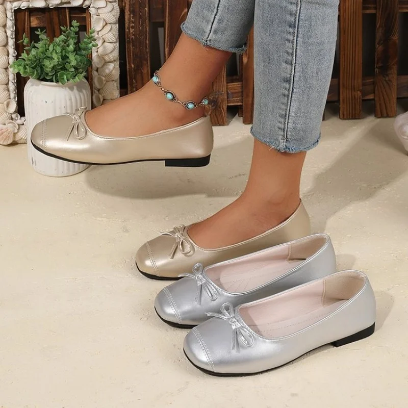 

2026Spring and summer new versatile bow-tie round-toe flat soft-soled soft leather vintage style women's shoes