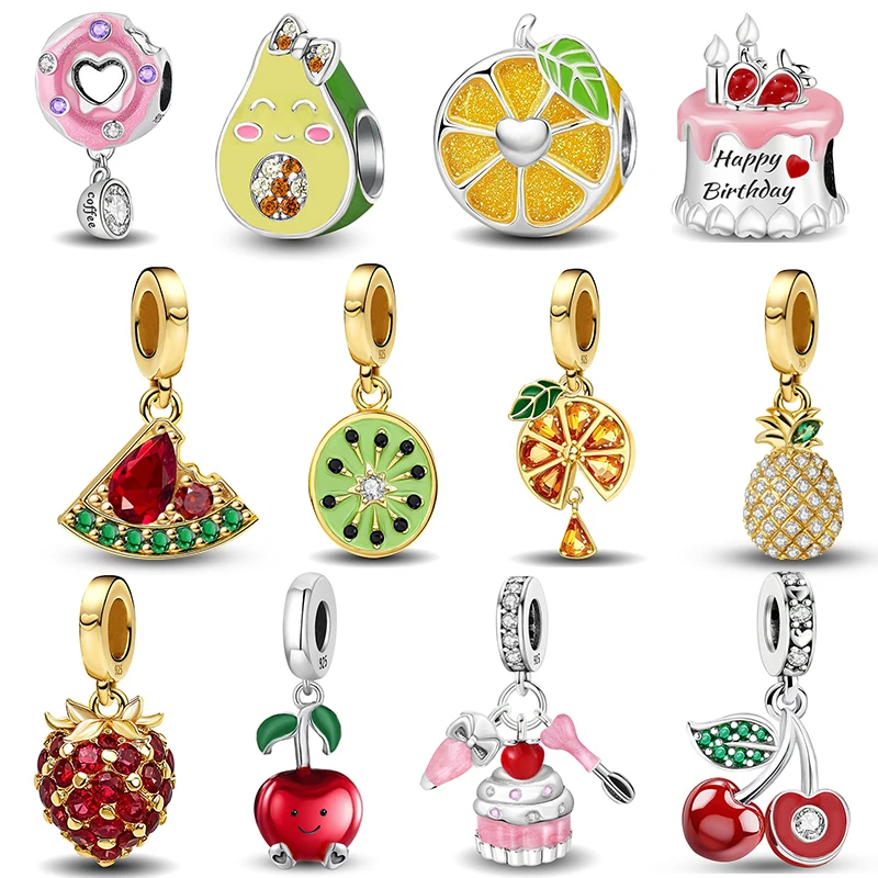925 prata esterlina rosa bolo cereja abacaxi morango cereja pingente charme bola adequado para pulseiras diy jóias femininas