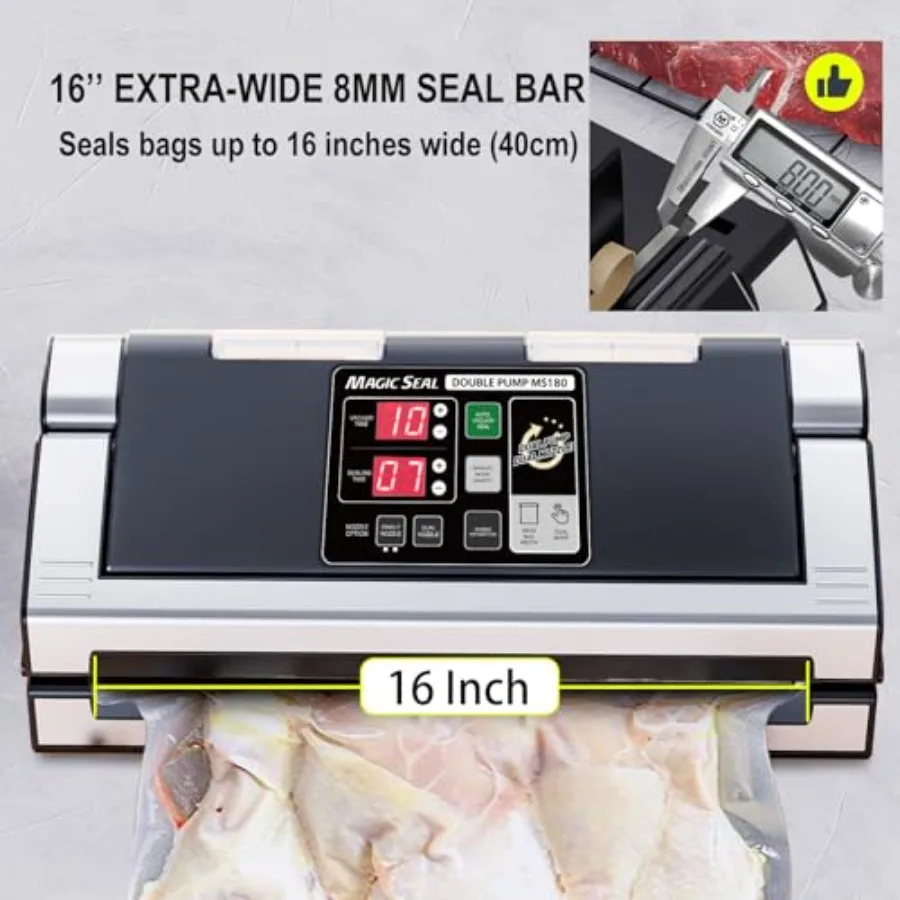 16-Zoll-Düsen-Vakuumiergerät für die Lebensmittelaufbewahrung, funktioniert mit glatten, nicht strukturierten Mylar-Beuteln, keine strukturierten Beuteln erforderlich, 250 W, 8 mm extra breit