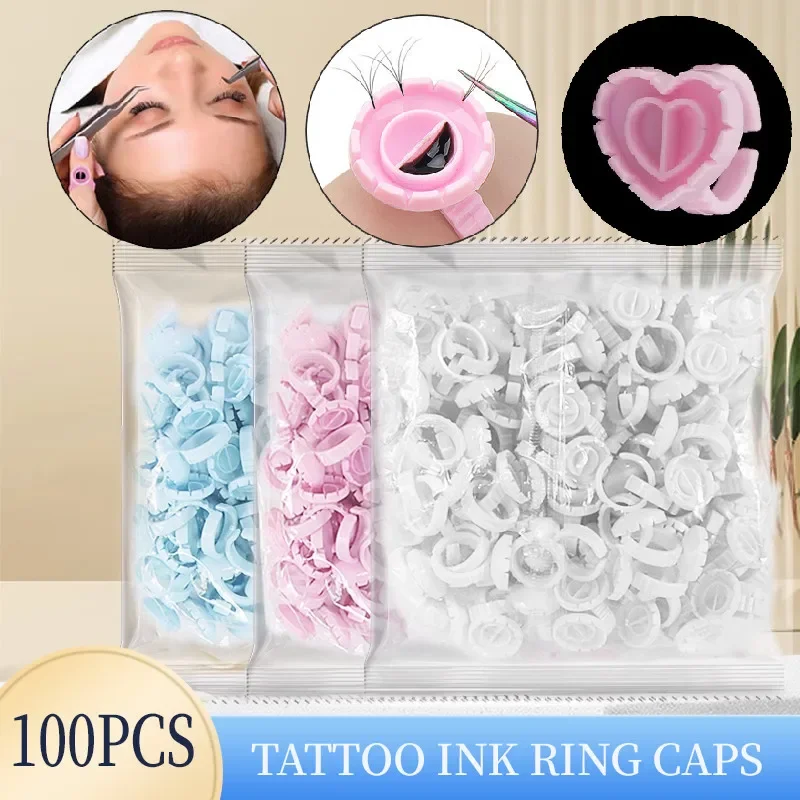 

100pcs Tattoo Ink Rings Cups Heart-shaped Blossom Eyelash Extension Glue Caps Holder Grafting Lashes PMU Tattoo Eyebrow Supplies