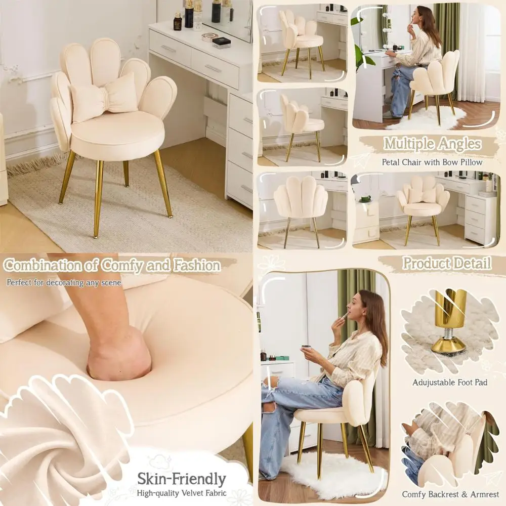 Cute Flower Design Petal Makeup Vanity Chair for Girls, Comfortable No-Wheel Desk Chair, Modern Dining Chair, Small Accent Chair