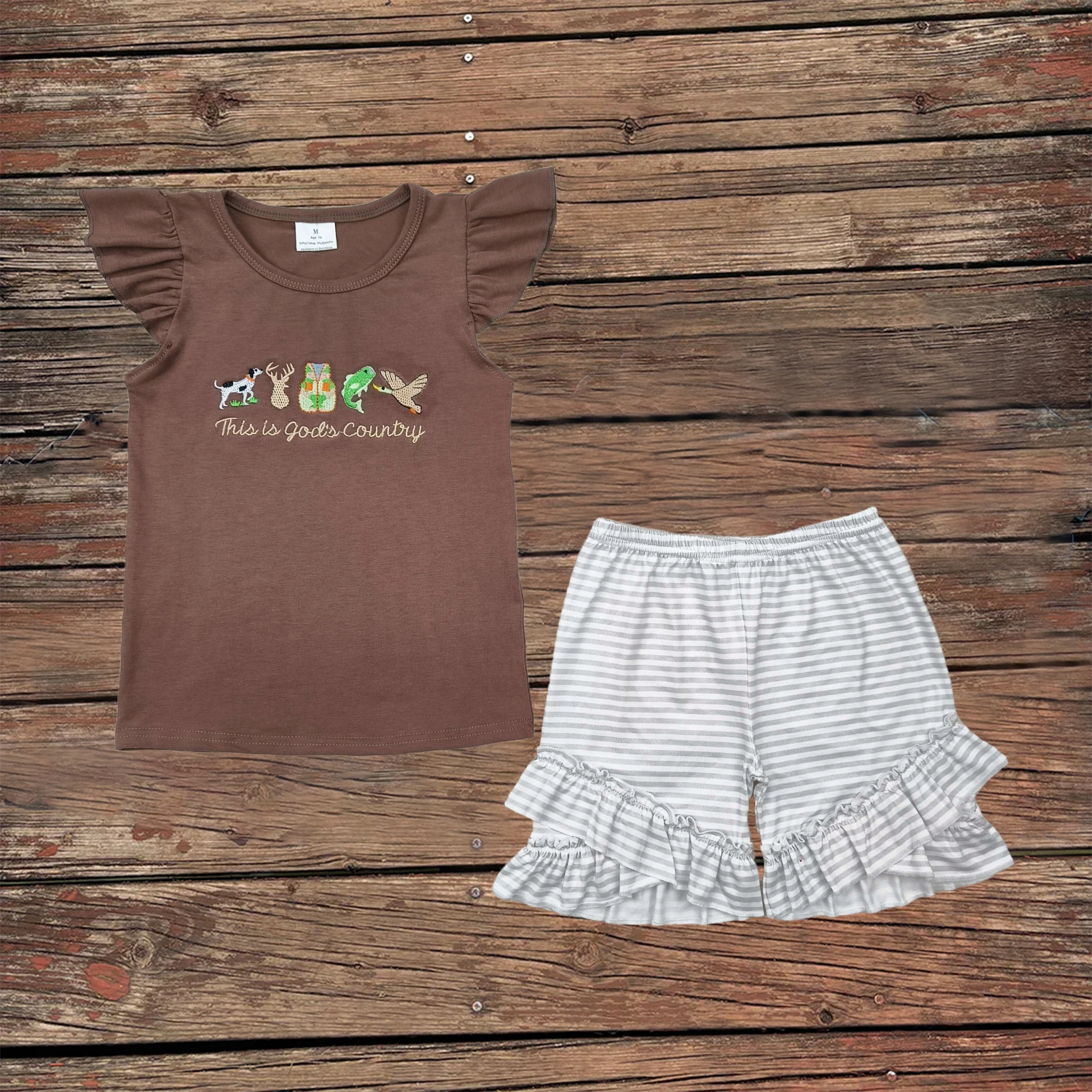 

Wholesale Baby Girl Embroidery Short Sleeves Gods Country Brown Shirt Ruffle Stripe Shorts Clothes Outfit Children Kids Set