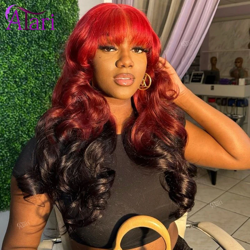 

Red Bangs Ombre 13x4 13x6 Lace Frontal Human Hair Wigs Transparent Body Wave Brazilian Hair Wig Pre Plucked 5x5 Lace Closure Wig