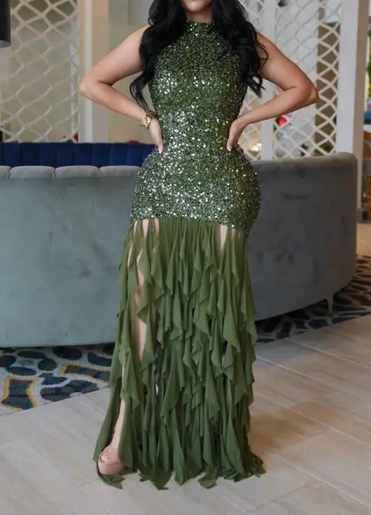 

2026 Summer New Women's Fashionable, Elegant, and Sexy Slim Fit Sparkling Pearl Mesh Splicing Dress Women's Wear