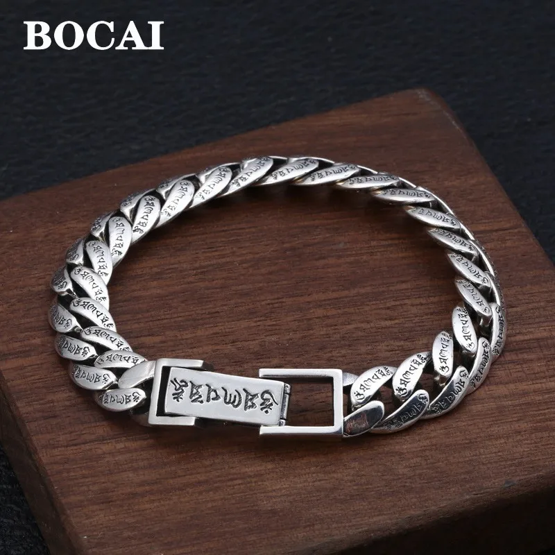 

BOCAI 100% S925 Silver Jewelry Retro Buddhism Six Character Mantra Fashionable and Versatile Men's Bracelet Wholesale Good Luck