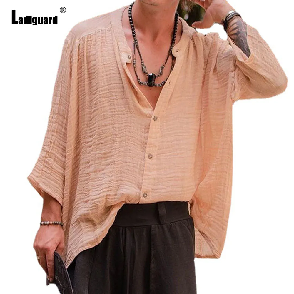 

Ladiguard 2024 Men Long Sleeves Casual Beach Shirt America Europe Cotton Linen Blouse Plus Size Mens Camisa Top blusas hommes