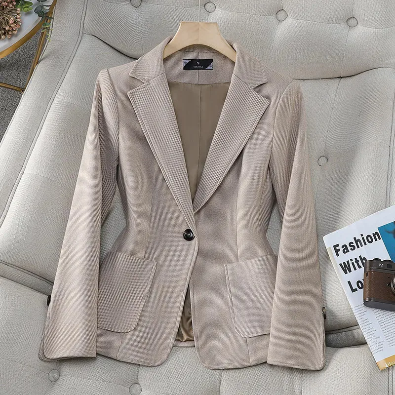 

Fashion Coffee Color Woolen Suit Jacket Women Spring And Autumn New Temperament Slim Thick Pockets Wool Blazer Tops Female W422