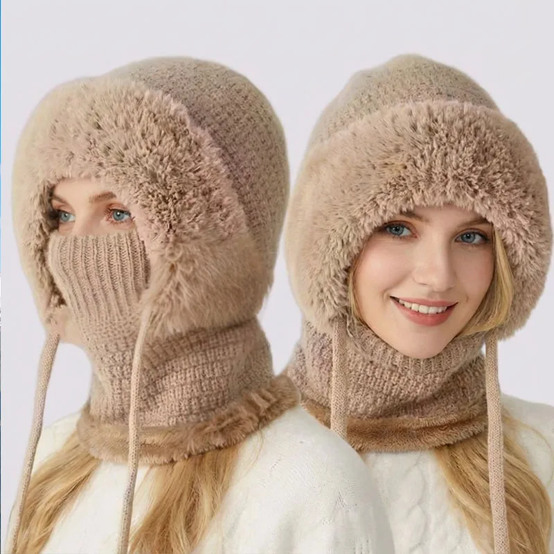Womens Winter Cycling Mask Integrated Hat Scarf Set Fleece Lined Knitted Beanie Windproof Neck Gaiter for Cycling Skiing
