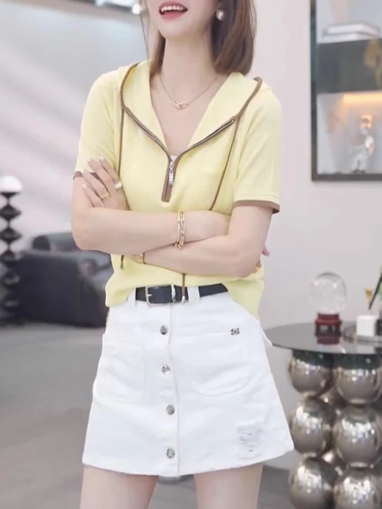 カジュアル通勤ファッショナブルなフード付きTシャツジッパーデザインまたはオーバーヘッドベースTシャツアンチエイジング女性用トップシルク素材