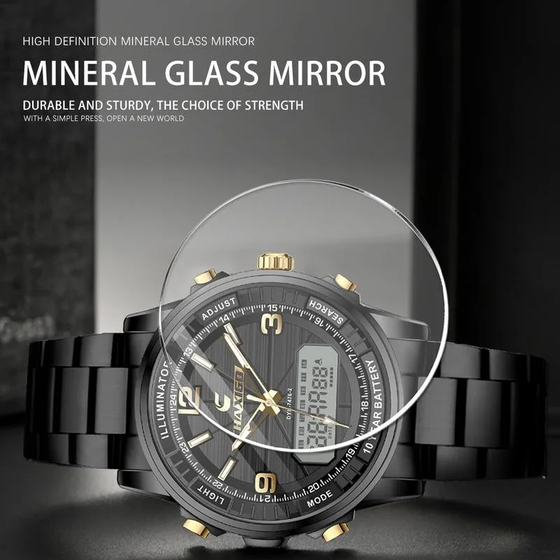 ساعة CHAXIGO للرجال بشاشة عرض مزدوجة بحزام من الفولاذ المقاوم للصدأ 43 ملم تناظرية ورقمية، مقاومة للماء حتى 30 مترًا، مضيئة، متعددة الوظائف